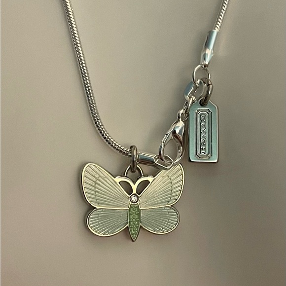 RARE Coach Teal & Green Enamel Crystal Butterfly Pendant .925 Sterling Necklace - Picture 5 of 7